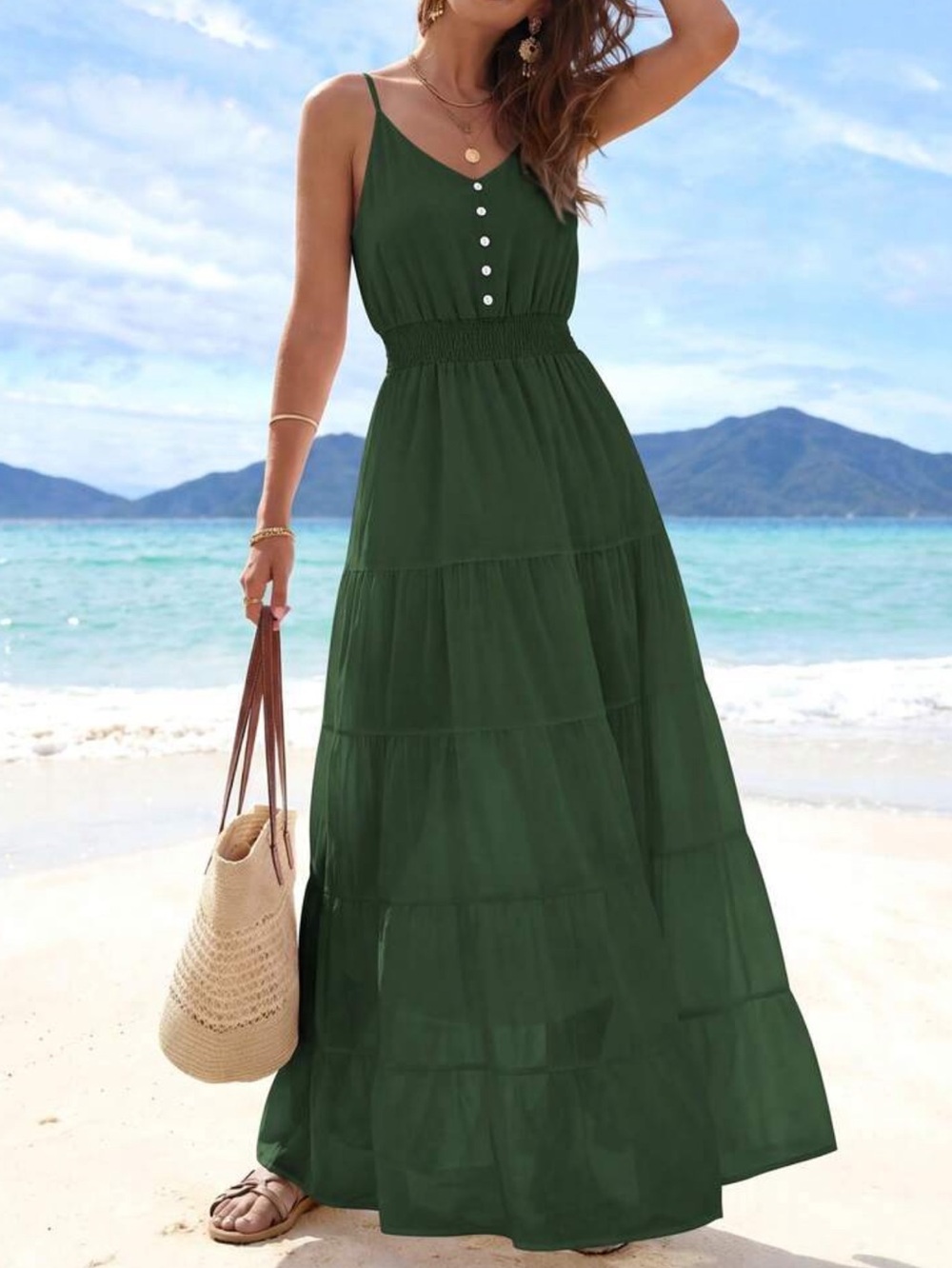 Sleeveless Green Maxi Dress with Smocked Waist